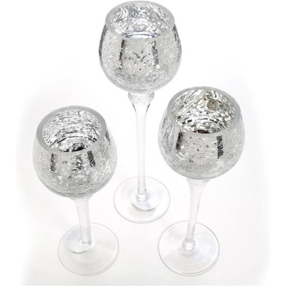 Set of 3 Crackle Metallic Glass Tealight Holders -12 Inch, 10 Inch, 9 Inch Ideal - Picture 3 of 7